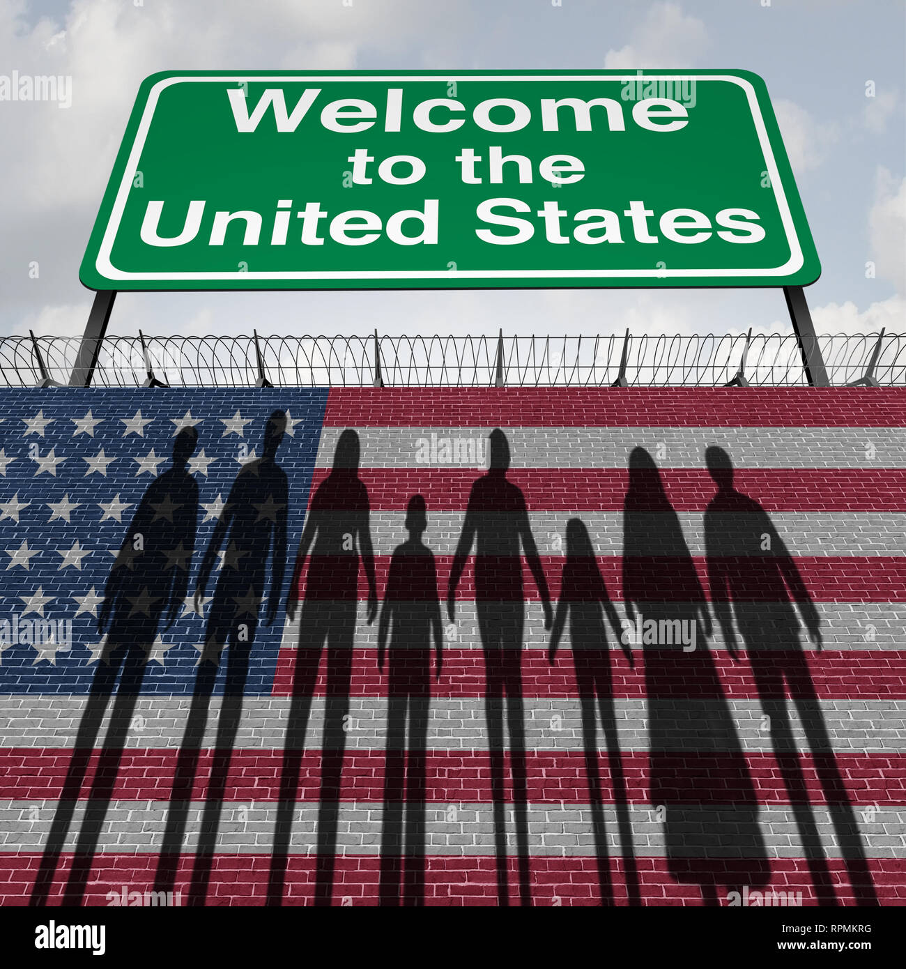 Stati Uniti a parete di immigrazione e di sicurezza delle frontiere per gli immigrati o gli immigrati illegali in America come un americano sulla sicurezza doganale concetto. Foto Stock