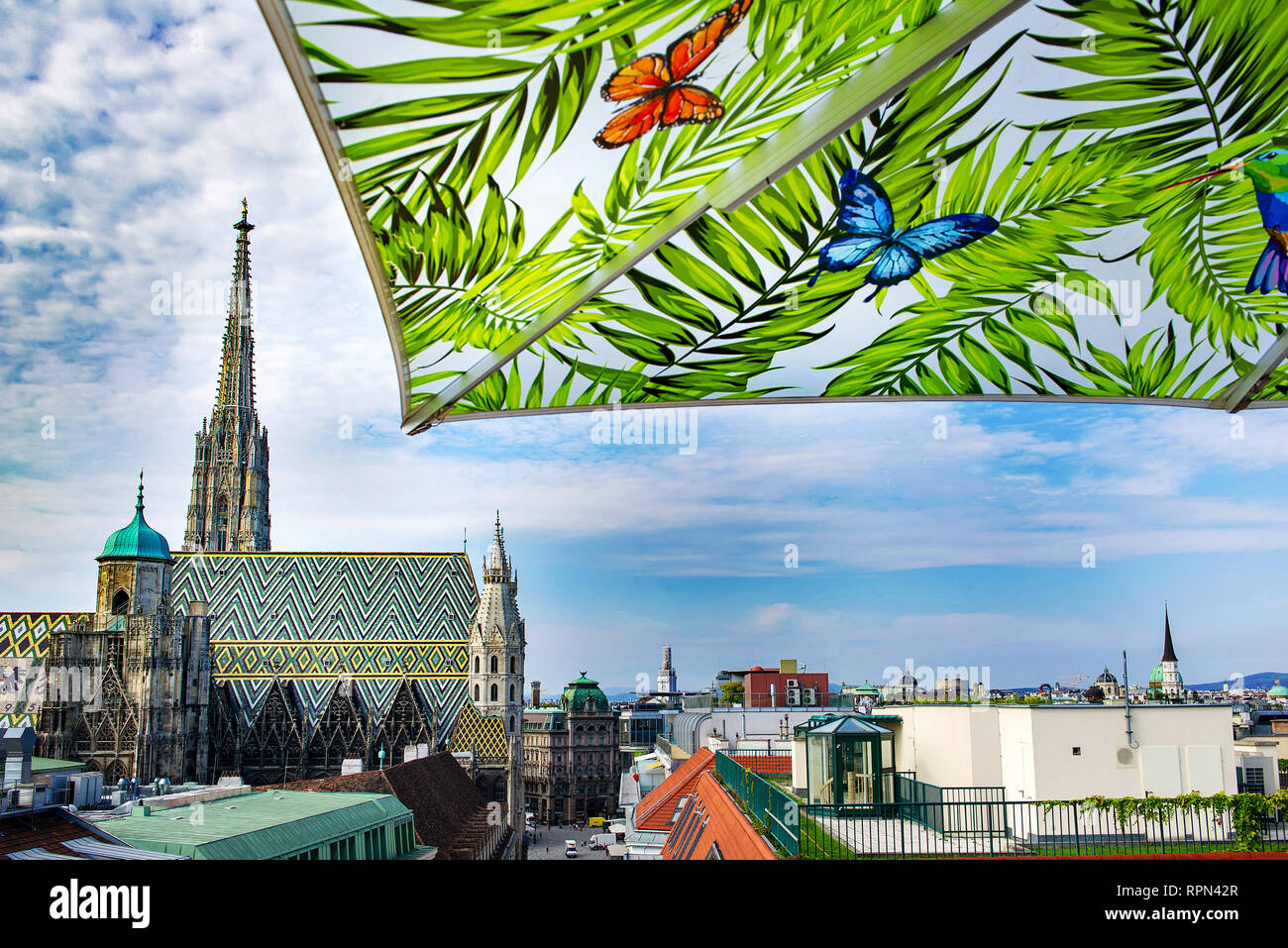 Vista di Stephansdom, Vienna la Cattedrale, dal bar sul tetto dell'hotel Lamée Foto Stock