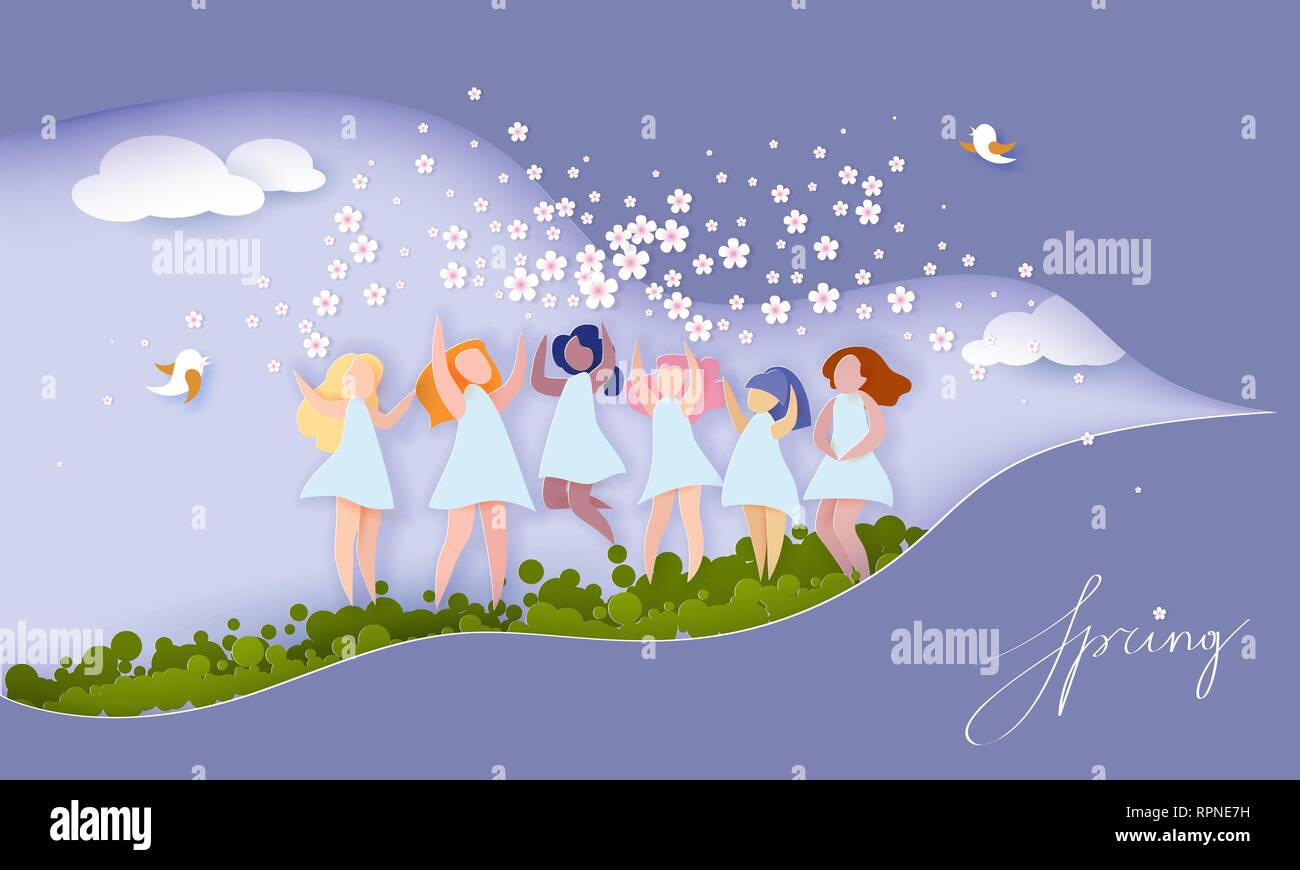 Felice 8 marzo womens primavera card. Diverse donne di etnia con fiori saltando su erba con cielo blu sullo sfondo. Vettore di taglio della carta illustrazione Illustrazione Vettoriale