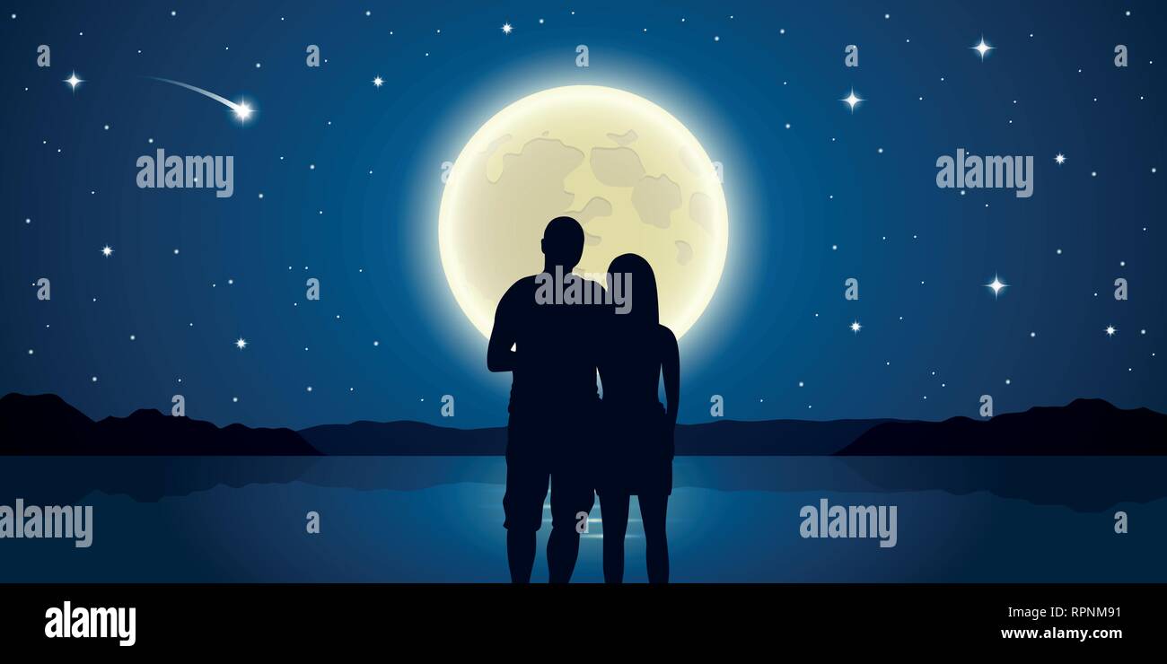 Notte romantica giovane in amore al mare con la luna piena e stelle cadenti  illustrazione vettoriale EPS10 Immagine e Vettoriale - Alamy