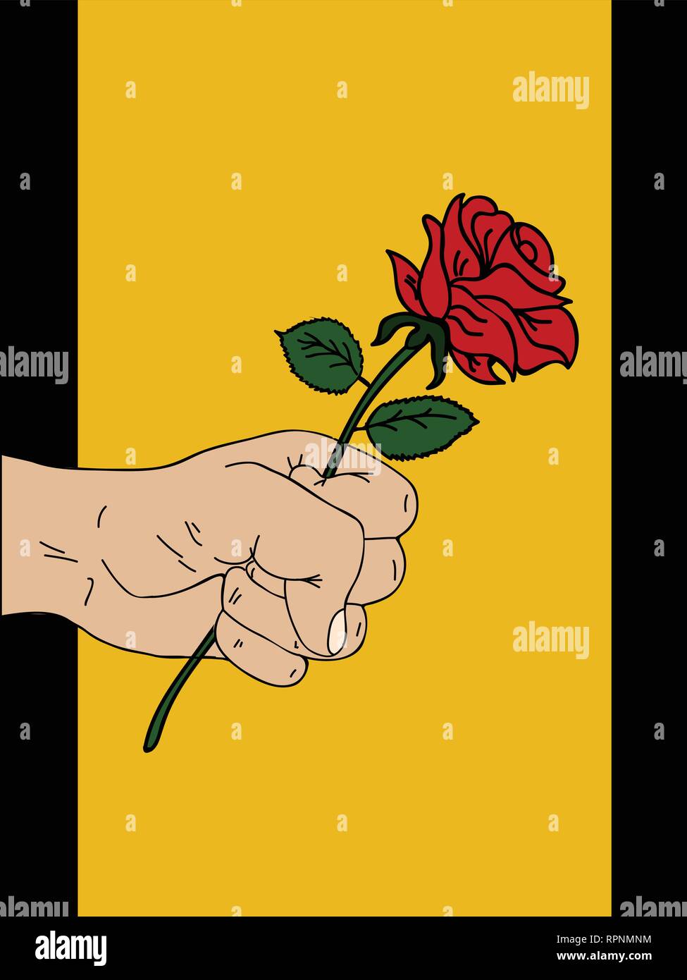Disegnata a mano mano che tiene una rosa rossa su giallo pannello verticale su sfondo nero Illustrazione Vettoriale