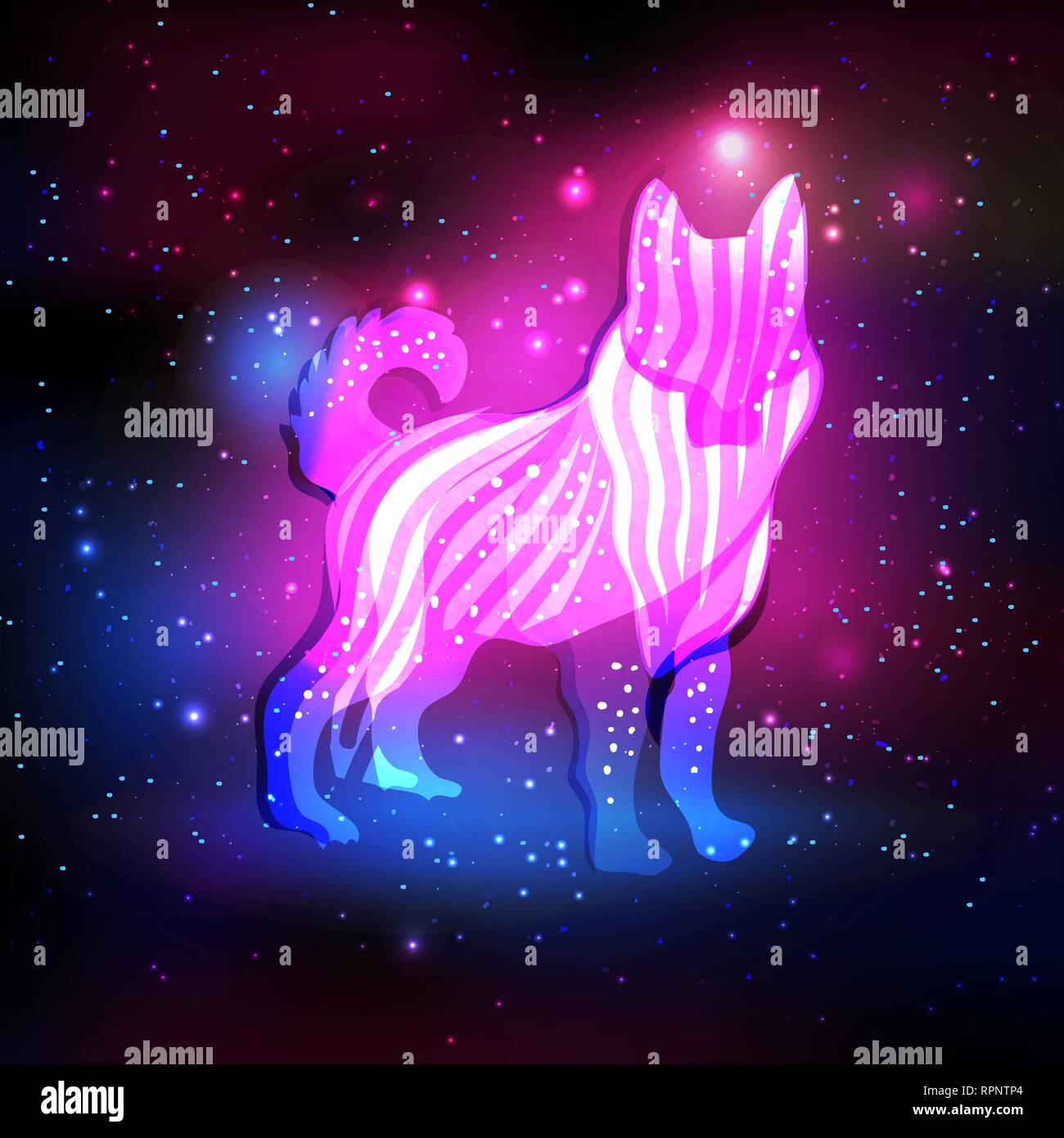 Magic cane sul cielo notturno con luci e stelle. Cane rosa e blu ologramma silhouette per cartoline e biglietti di auguri Illustrazione Vettoriale