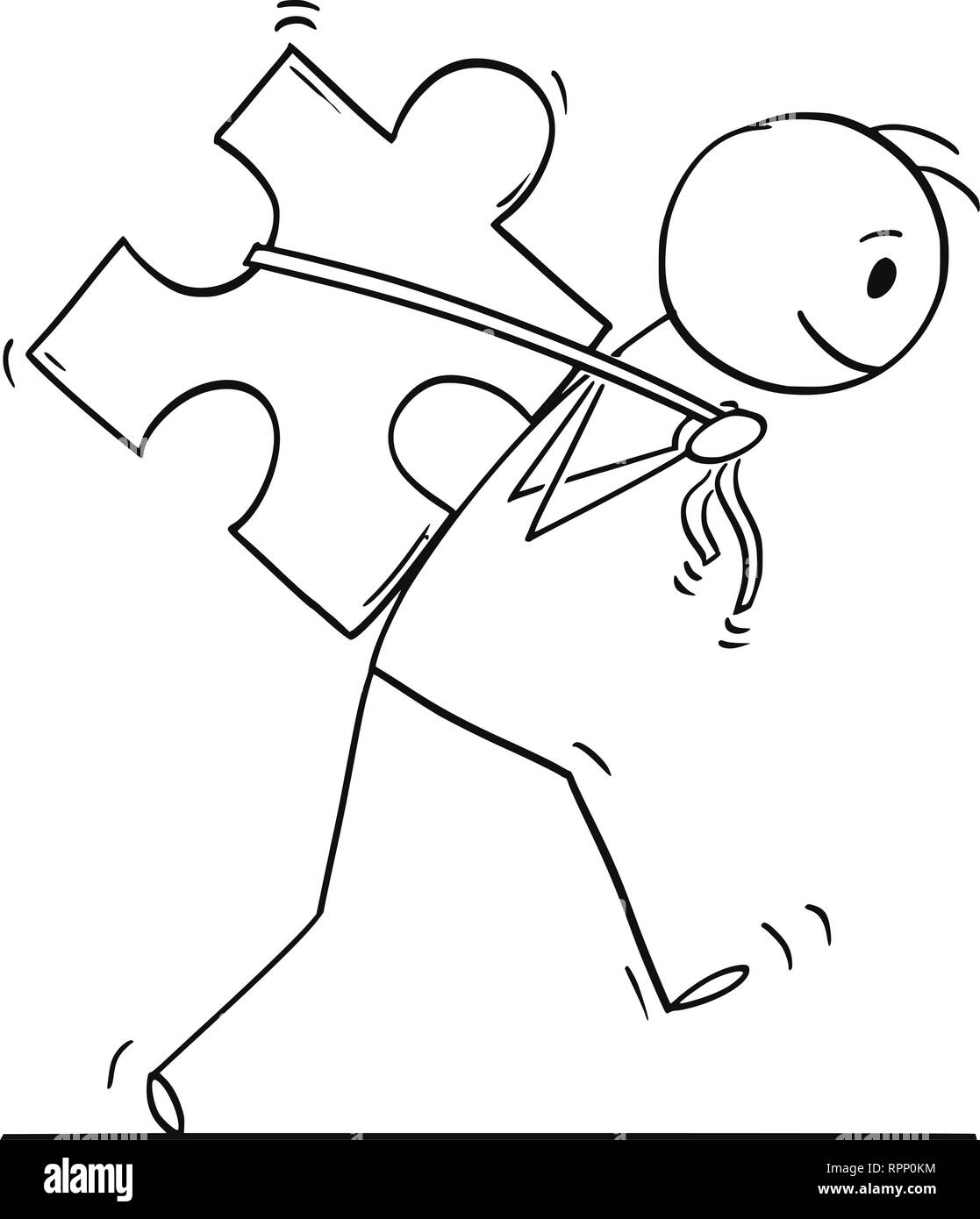 Cartoon di uomo o imprenditore che trasportano grandi Puzzle pezzo Illustrazione Vettoriale