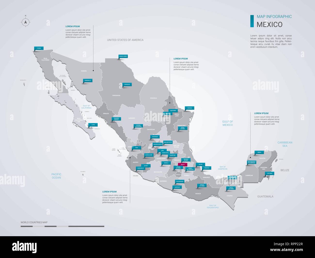Messico mappa vettoriale con elementi infografico, segni di puntatore. Modello modificabile con regioni, città e capitale. Illustrazione Vettoriale