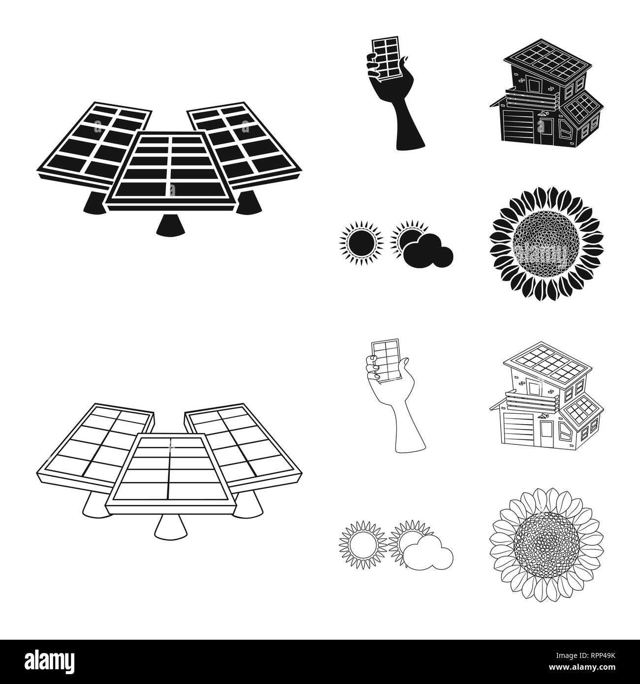 Generatore,mano,costruzione,cloud,girasole,l'elettricità,batteria,sunshine,blu,luce,riflesso,produzione,Casa,SKY,riscaldamento,cell,energie,azienda,luce del sole,moderno,meteo,vetro,l'estate,,termico caldo,l'ambiente,costruzione,impianto,station,eco,l'innovazione,technology,organic,natura,solare pannello,,l'energia,verde,alimentazione,sun,impostare,vettore,icona,immagine,isolato,raccolta,design,l'elemento,graphic,segno vettori vettore , Illustrazione Vettoriale