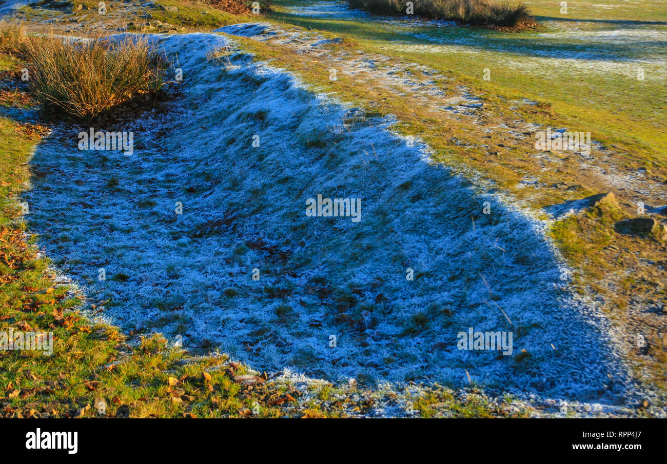 Frosty mattina inverno scena di Glenfield Lodge Park vicino a Leicester, Leicestershire, Regno Unito Foto Stock