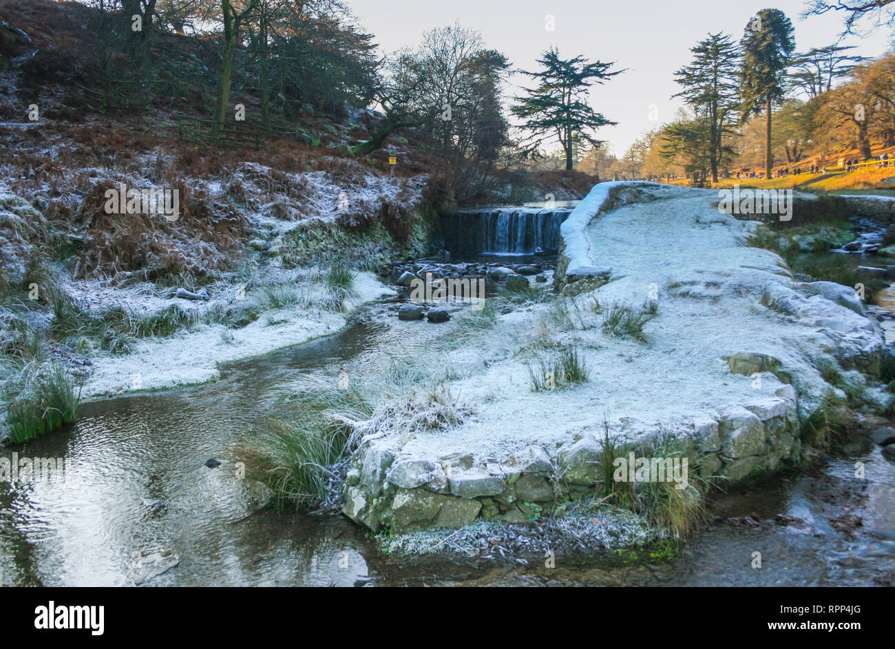 Frosty mattina inverno scena di Glenfield Lodge Park vicino a Leicester, Leicestershire, Regno Unito Foto Stock