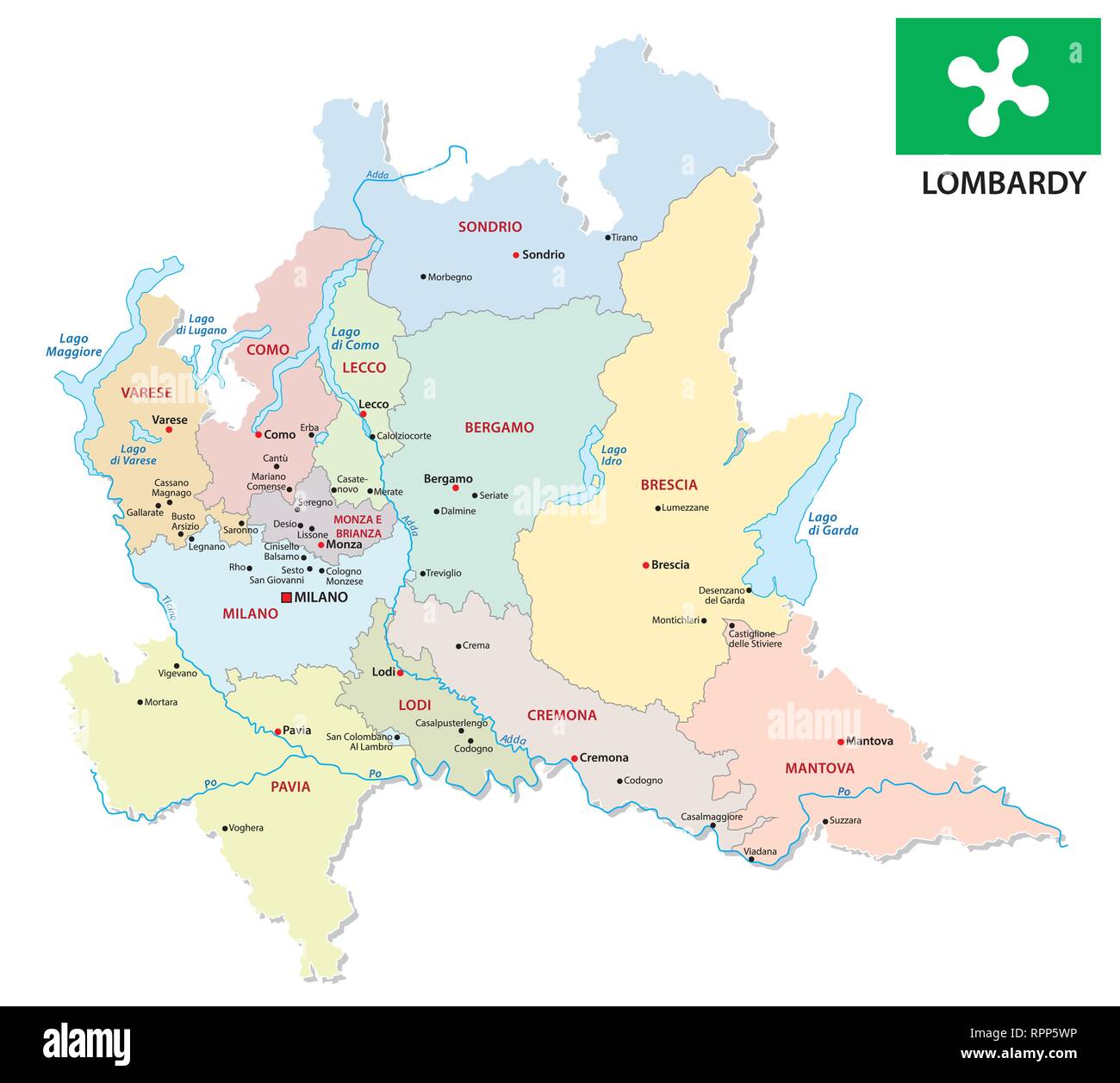 Lombardia politica e amministrativa di mappa con bandiera Illustrazione Vettoriale