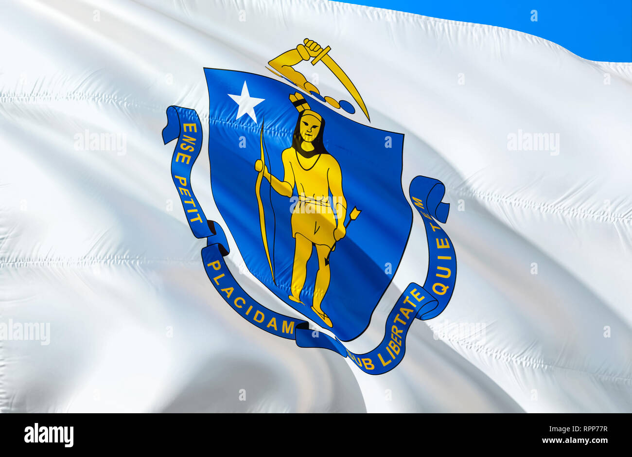 Bandiera del Massachusetts. 3D USA sventola bandiera di stato di design. La nazionale statunitense di simbolo dello stato del Massachusetts, rendering 3D. I colori nazionali e la bandiera nazionale Foto Stock