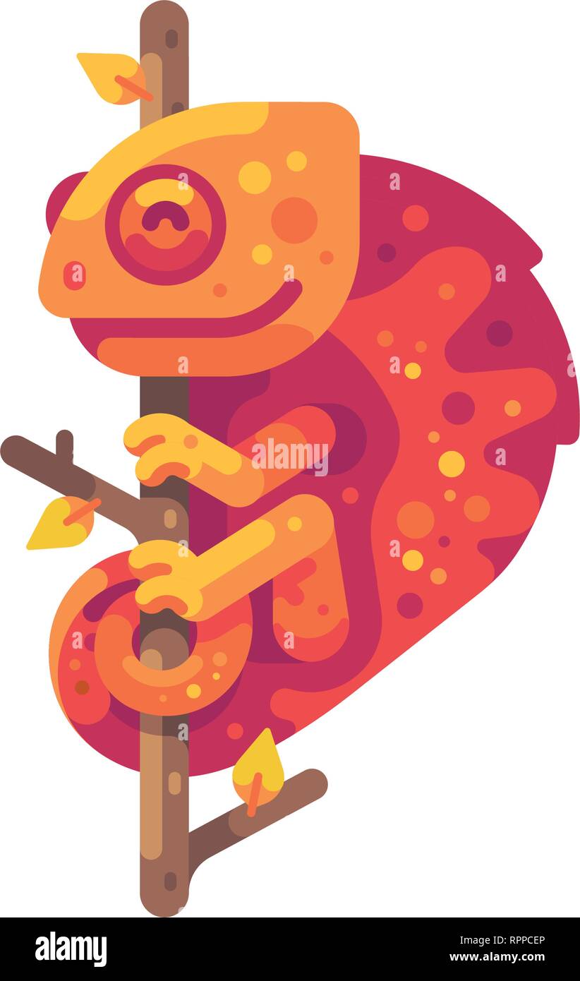Orange chameleon seduto su un ramo di albero. Animali esotici illustrazione piatta Illustrazione Vettoriale