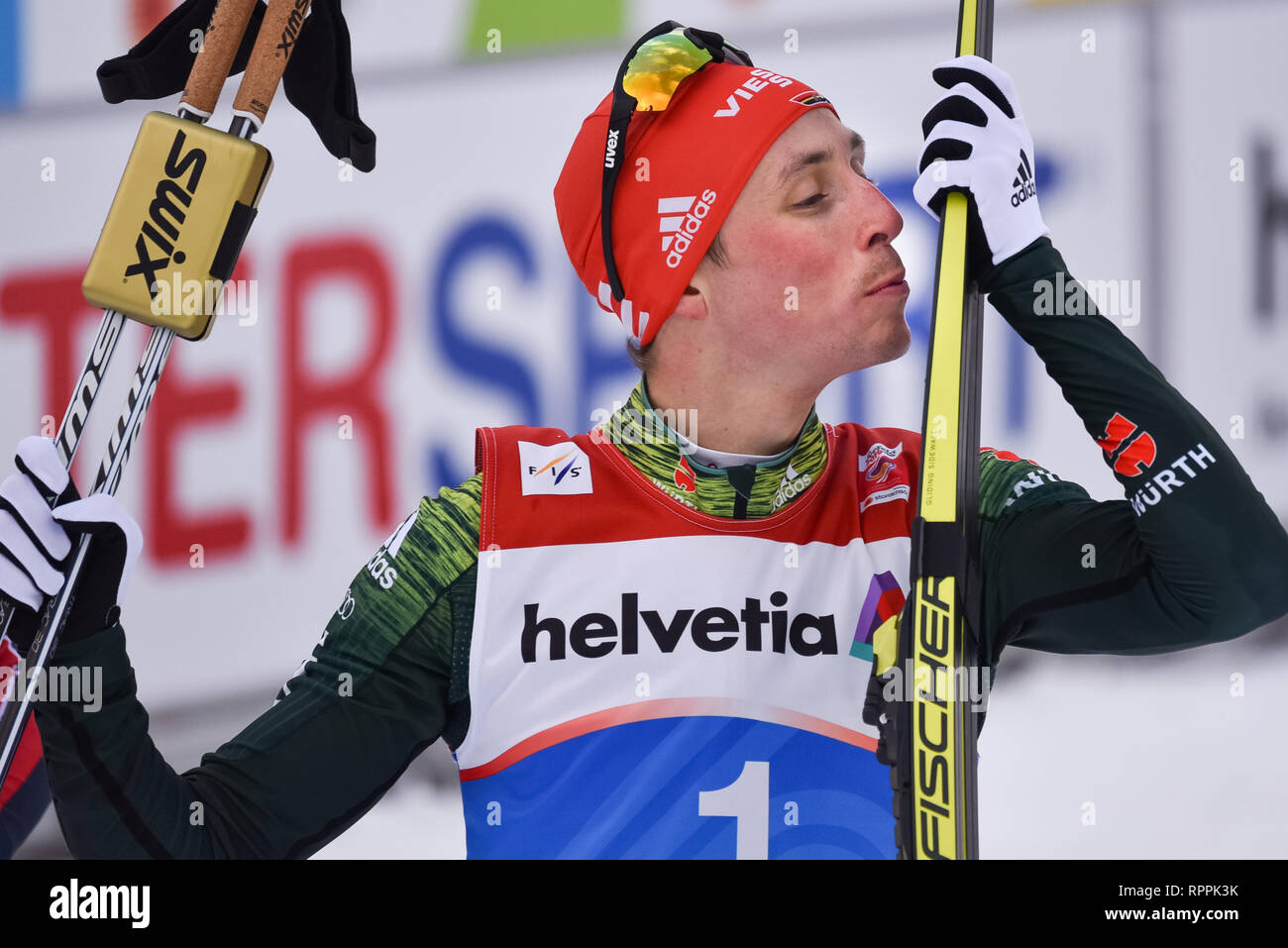 Seefeld Austria, 22 febbraio, 2019. La Germania Eric Frenzel dopo aver vinto la combinata nordica 10-K Gundersen al FIS Mondiali di Sci Nordico. © Giovanni Lazenby/Alamy Live News. Foto Stock