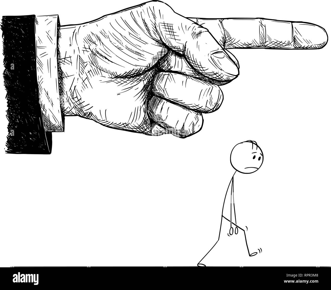 Cartoon di grossa mano nella tuta dando per andare o lasciare al piccolo uomo frustrato Illustrazione Vettoriale