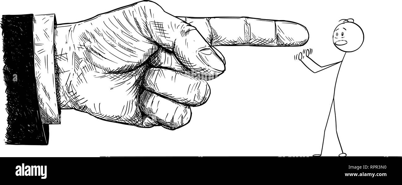 Cartoon di grossa mano nella tuta conferendo ordine o di colpa piccolo uomo frustrato Illustrazione Vettoriale