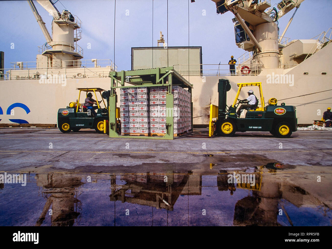 Importazione/Esportazione Spedizione ad un porto marittimo in noi. Una nave da carico di offload e onloads prodotti comprese le banane e rotoli di carta marrone. Foto Stock
