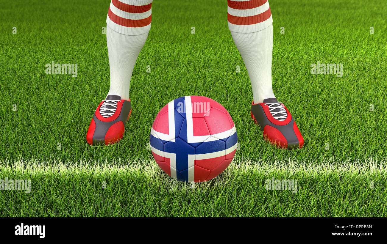 L uomo e il pallone da calcio con bandiera Foto Stock