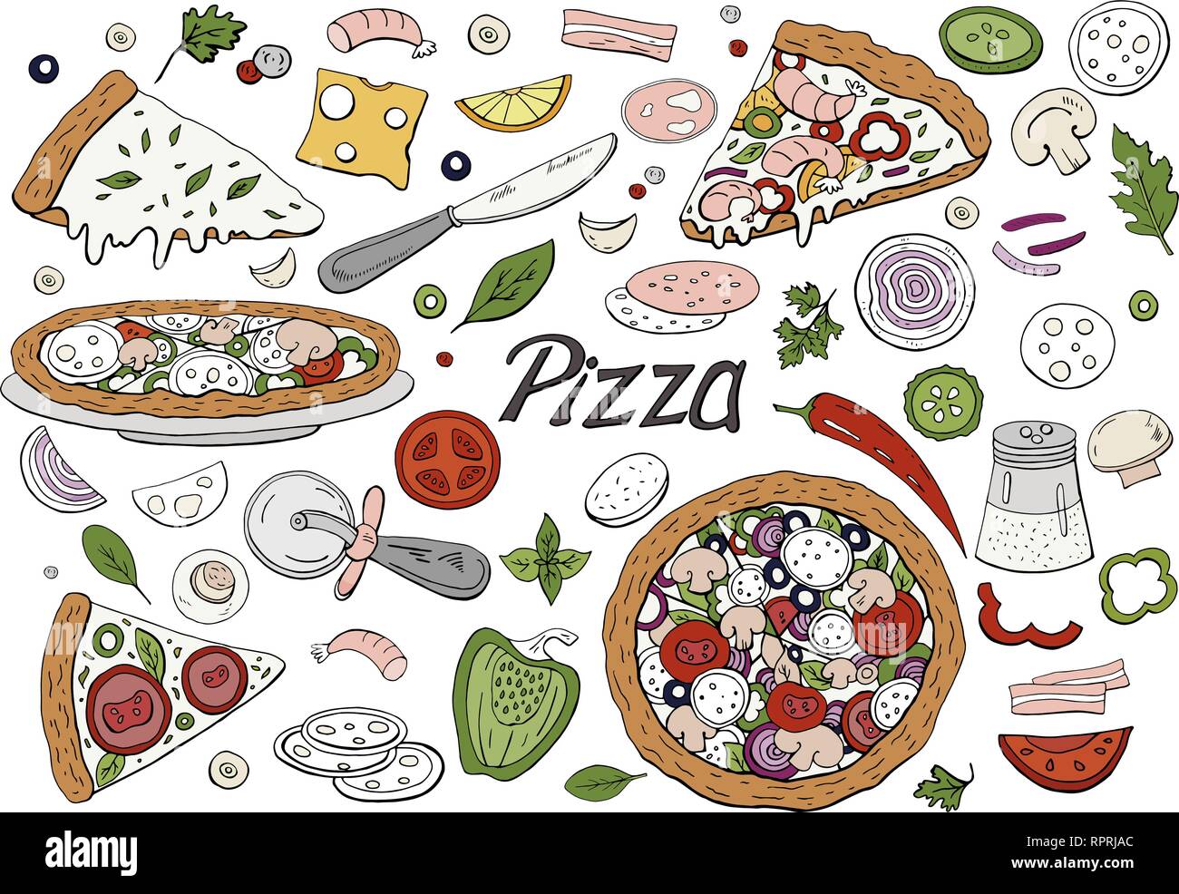 Set di disegnati a mano pizza italiana e verdure isolato su bianco. Vector doodle elementi pizza Illustrazione Vettoriale