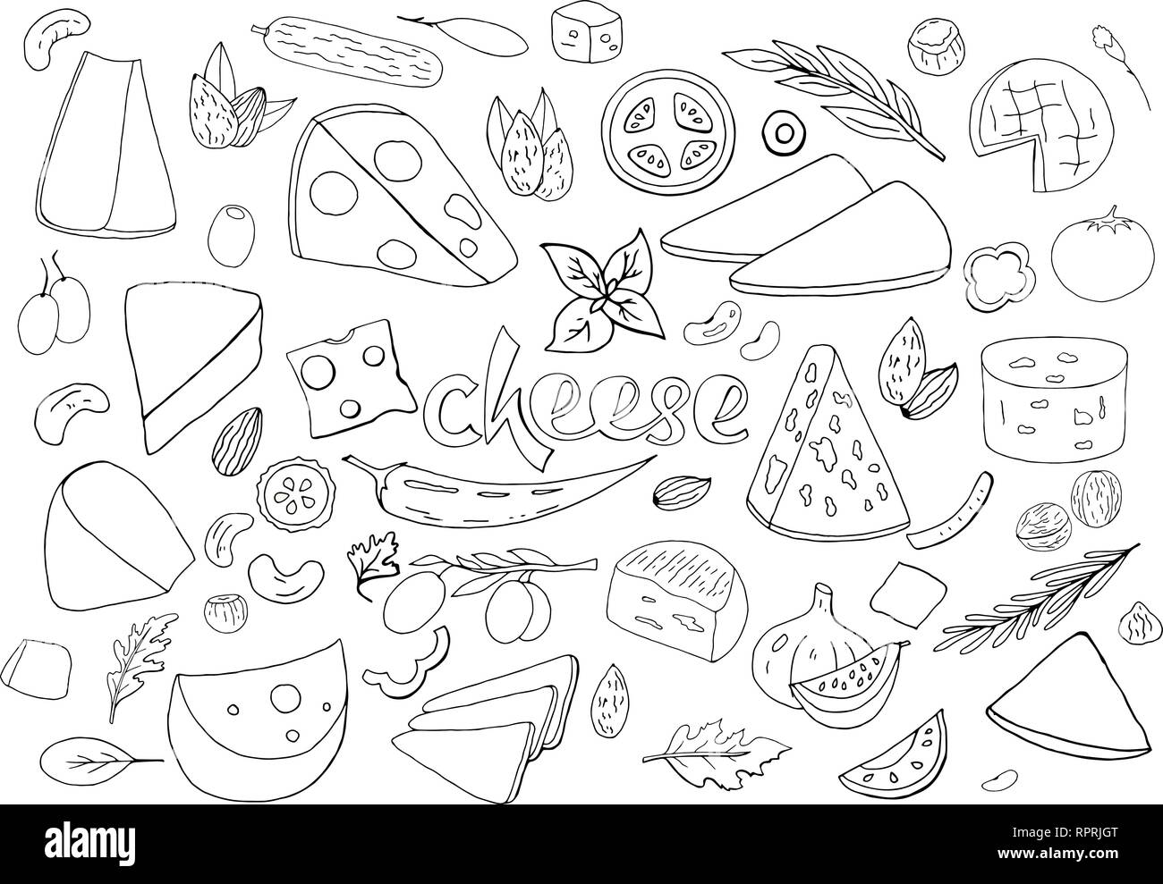 Set di disegnati a mano formaggio contorno elementi isolati su sfondo bianco. Illustrazione Vettoriale
