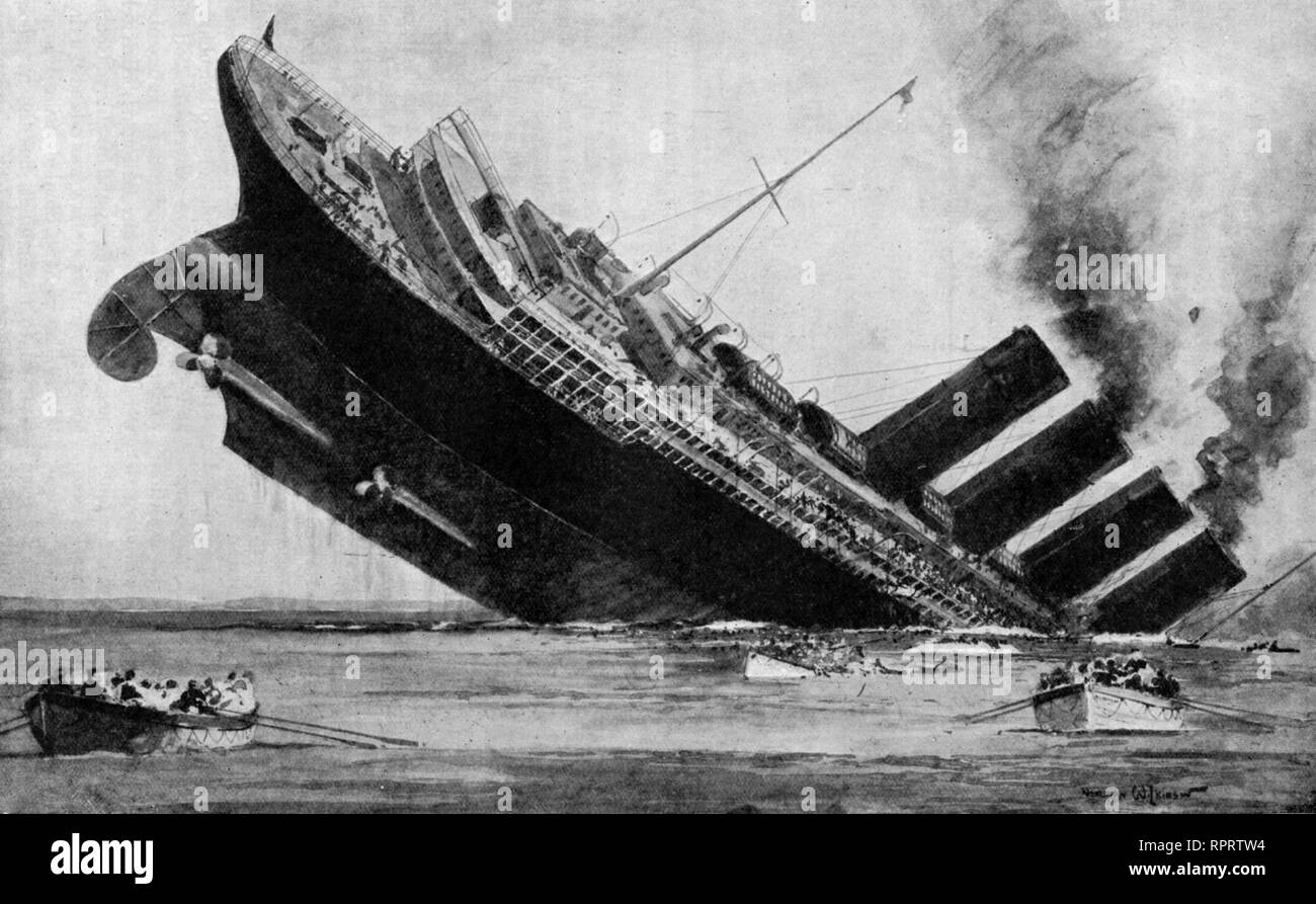 The Last of the Lusitania, 7th maggio 1915. RMS Lusitania era un transatlantico britannico. La nave è stata affondata il 7th maggio 1915 da un U-boat tedesco. Il naufragio presagì la dichiarazione di guerra degli Stati Uniti contro la Germania nel 1917. Foto Stock