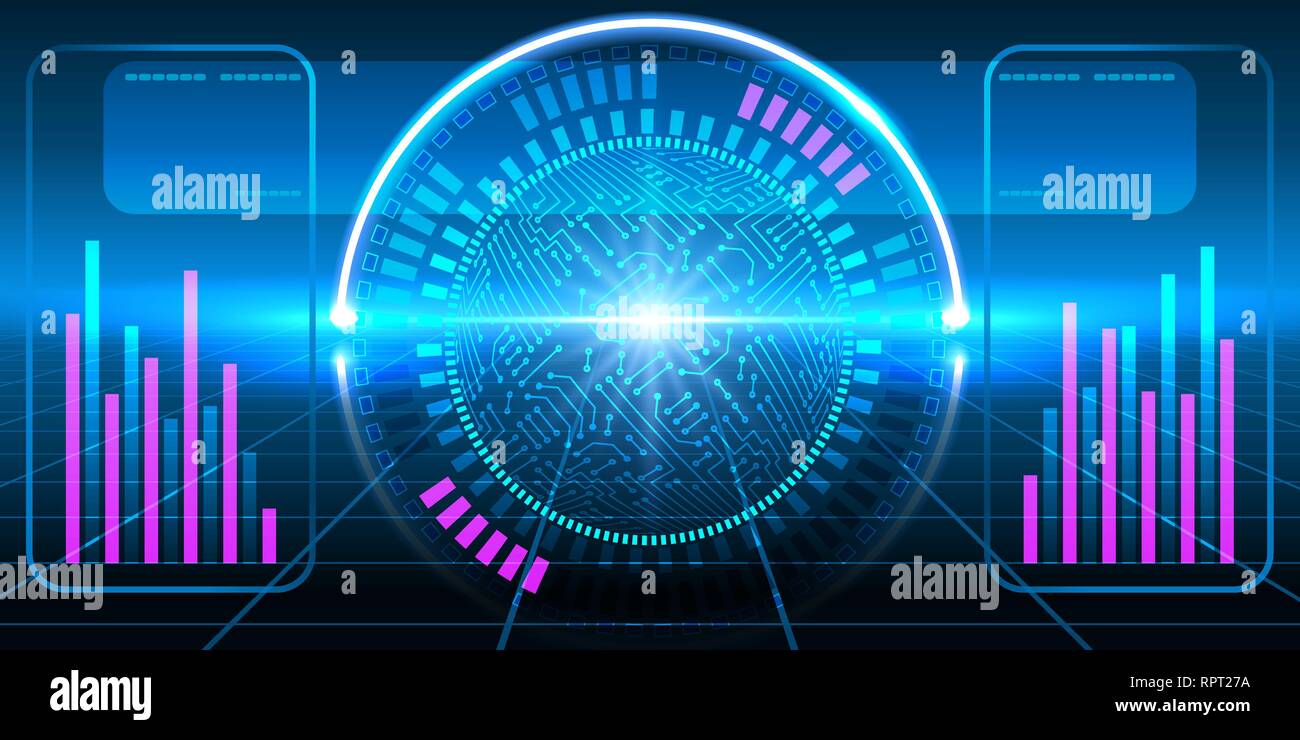 Fantastico display HUD con infographics, circuito elettronico, grafici e schema round. Interfaccia futuristico. Illustrazione Vettoriale