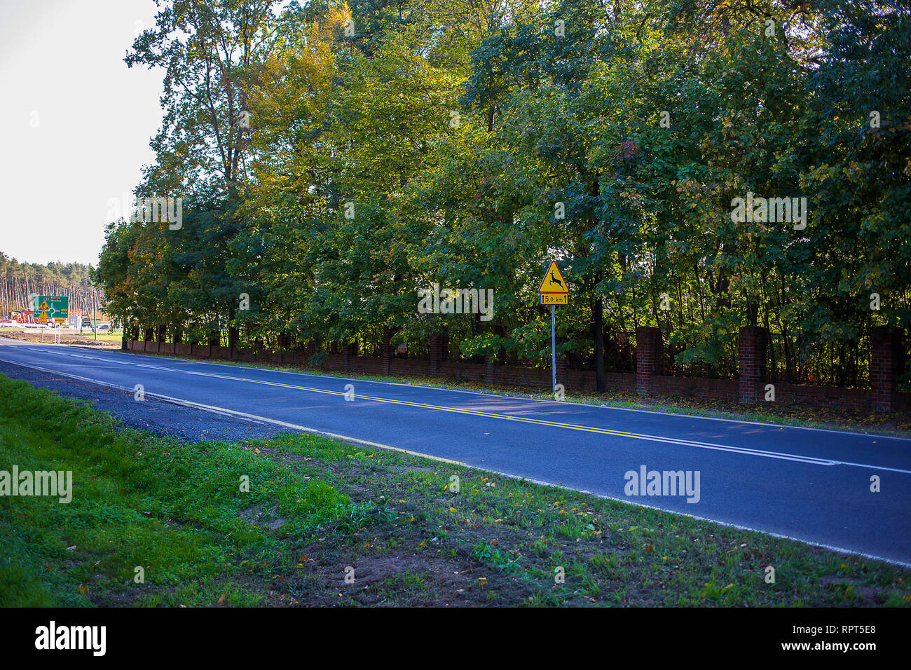 Superata cartello stradale dire cervi in avanti mentre la zona è stata disboscata per costruire più strade e qualsiasi fauna aveva mosso fuori Foto Stock