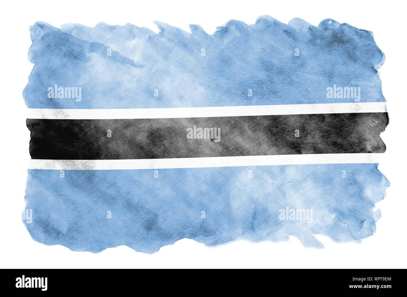 Bandiera del Botswana è raffigurato in un liquido in stile acquerello isolati su sfondo bianco. Incurante della vernice con ombreggiatura immagine della bandiera nazionale. Indipendenza D Foto Stock