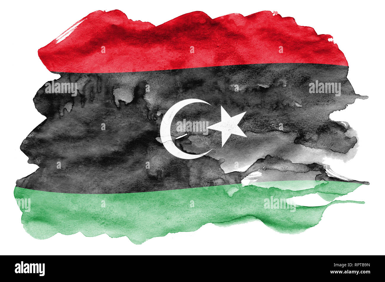 Libia bandiera è raffigurata in un liquido in stile acquerello isolati su sfondo bianco. Incurante della vernice con ombreggiatura immagine della bandiera nazionale. Giorno di indipendenza Foto Stock