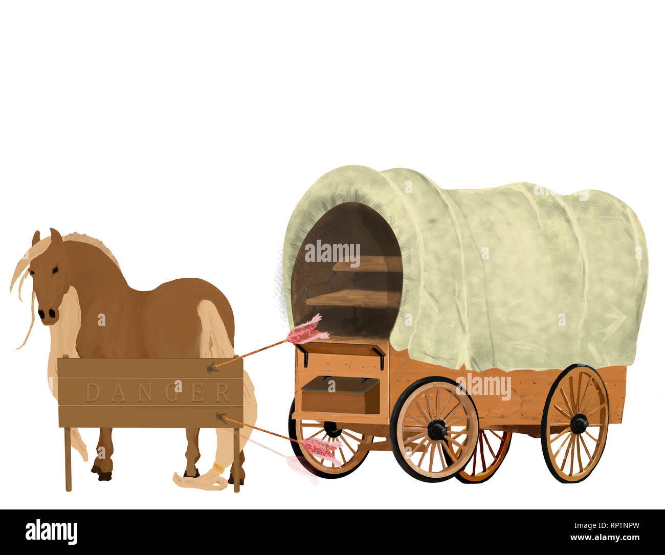 Veicolo di legno trainato da cavalli. Acquerello occidentale. West storia illustrazione. Clip art su sfondo bianco Rancho stile retrò. Foto Stock