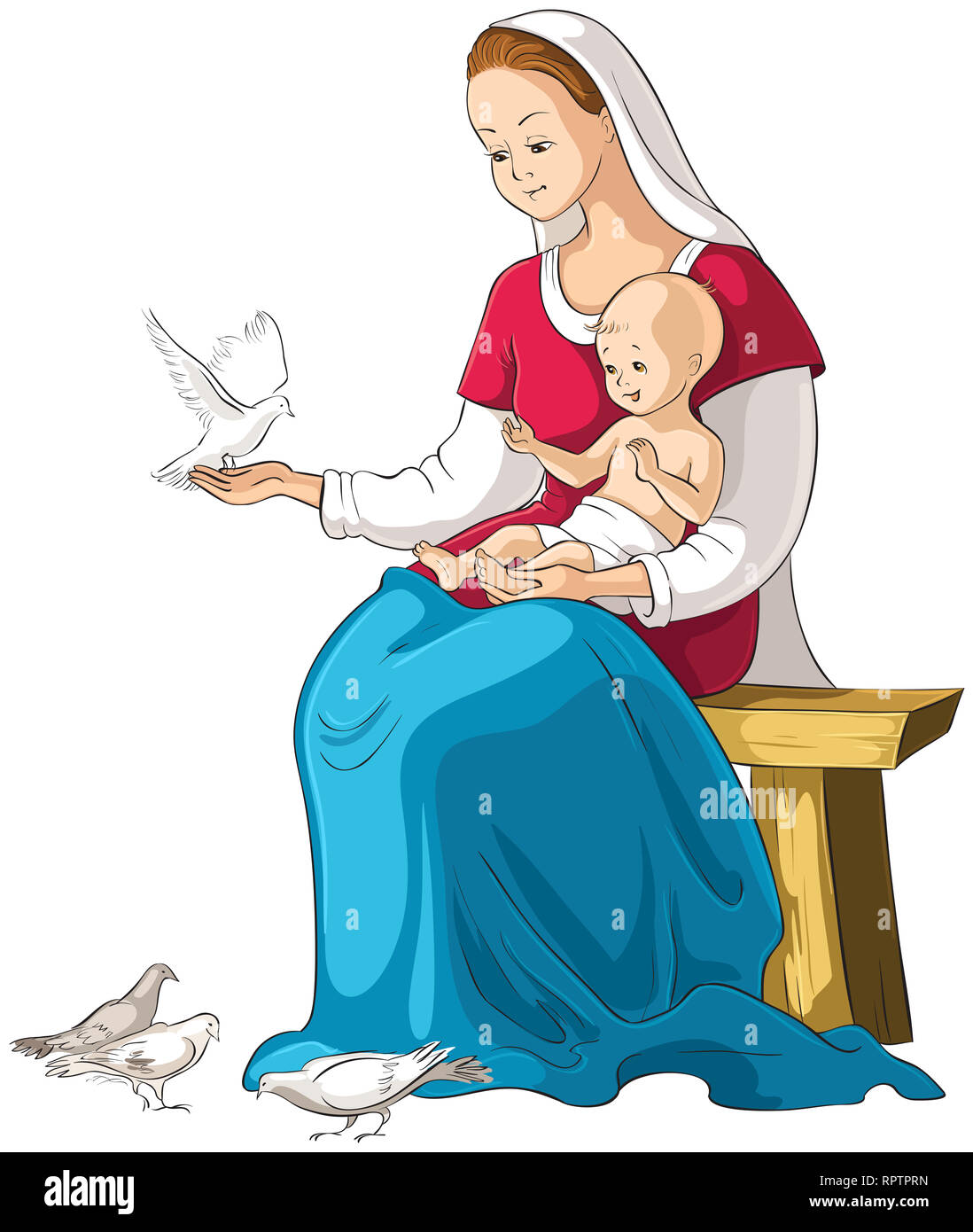 Madre Maria tenendo in braccio Gesù Bambino fumetto illustrazione cristiana isolato su bianco Foto Stock