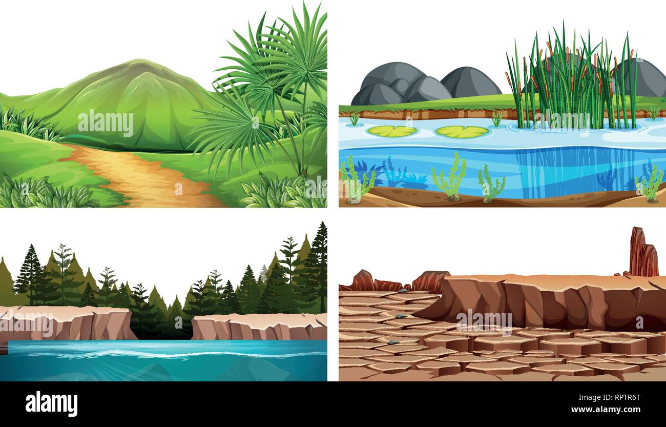 Set di sfondo naturale scene illustrazione Illustrazione Vettoriale