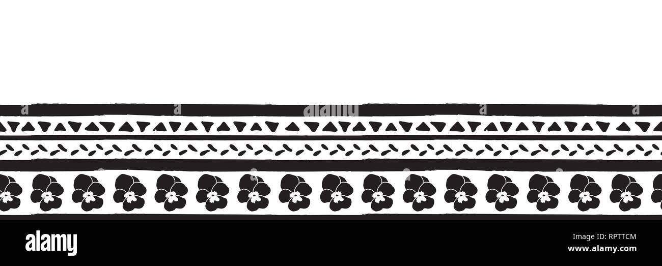 Vettore di frontiera senza soluzione di continuità con i colori nero e bianco pansy disegnata a mano strisce e triangoli . Disegnata a mano strisce nere e triangoli. Illustrazione Vettoriale