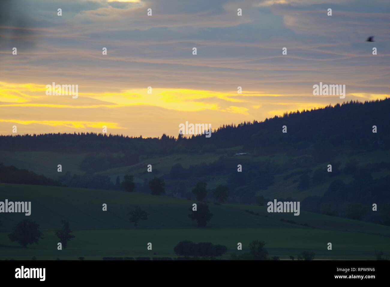 Sidlaw Mountain Range, stagliano al tramonto dalla Abernethy, Perth, Scotland, Regno Unito. Foto Stock