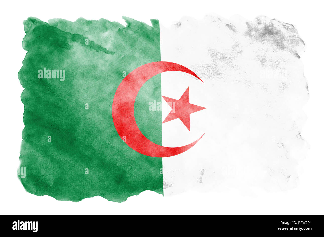 Algeria Bandiera E Raffigurata In Un Liquido In Stile Acquerello Isolati Su Sfondo Bianco Incurante Della Vernice Con Ombreggiatura Immagine Della Bandiera Nazionale Indipendenza Da Foto Stock Alamy