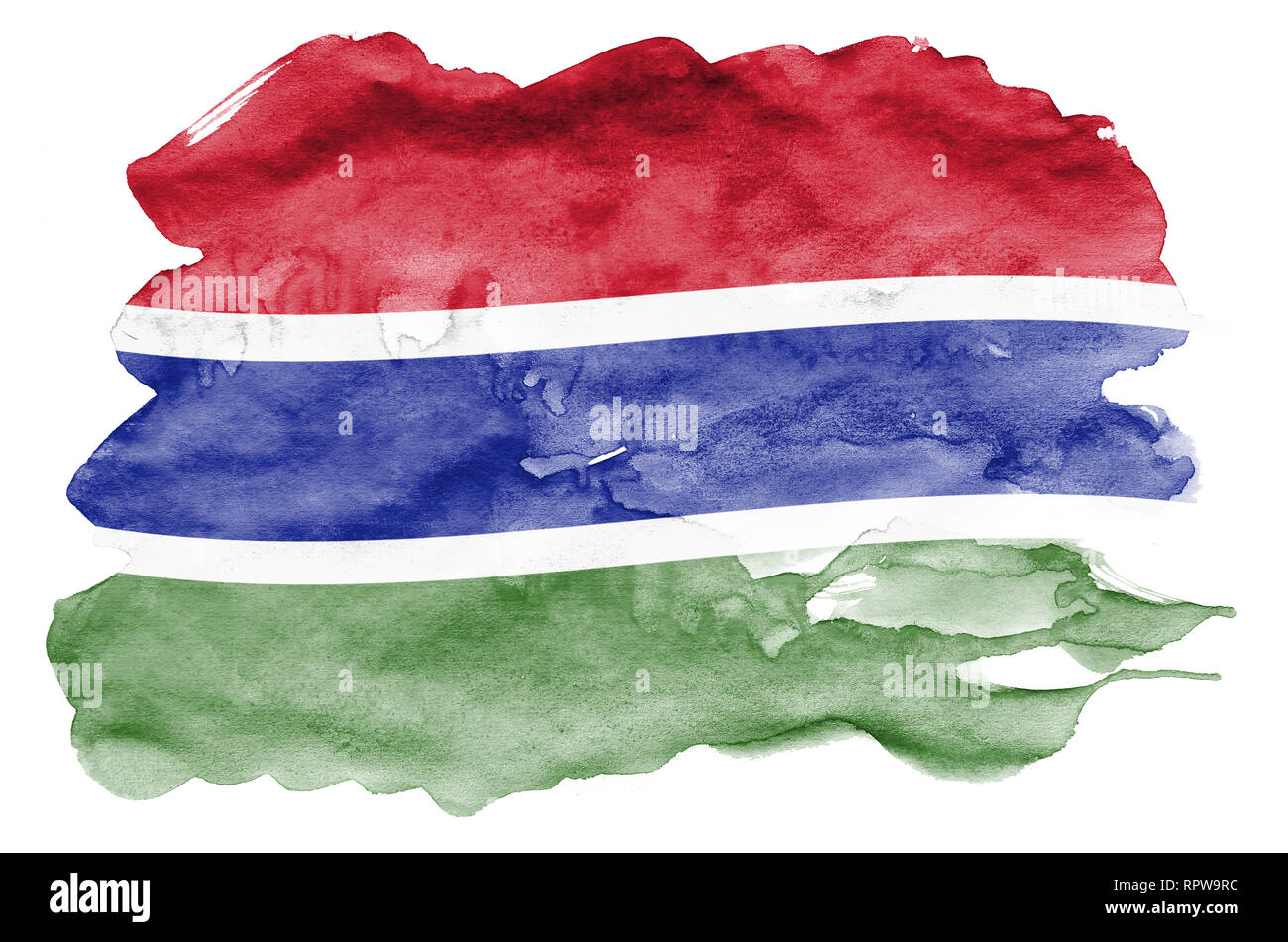 Gambia bandiera è raffigurata in un liquido in stile acquerello isolati su sfondo bianco. Incurante della vernice con ombreggiatura immagine della bandiera nazionale. Giorno di indipendenza Foto Stock