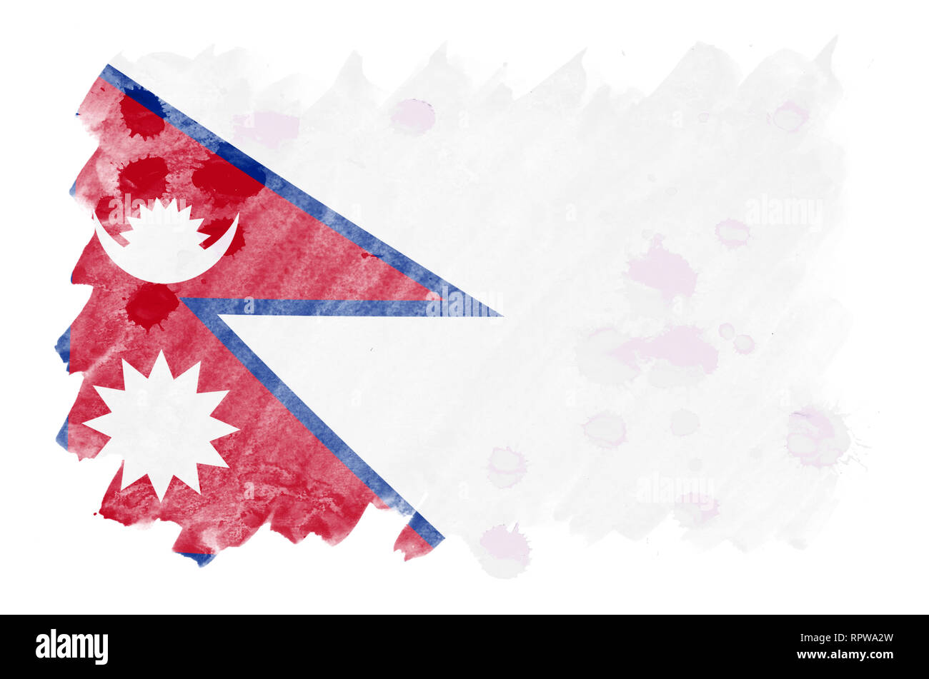 Il Nepal flag è raffigurato in un liquido in stile acquerello isolati su sfondo bianco. Incurante della vernice con ombreggiatura immagine della bandiera nazionale. Giorno di indipendenza Foto Stock