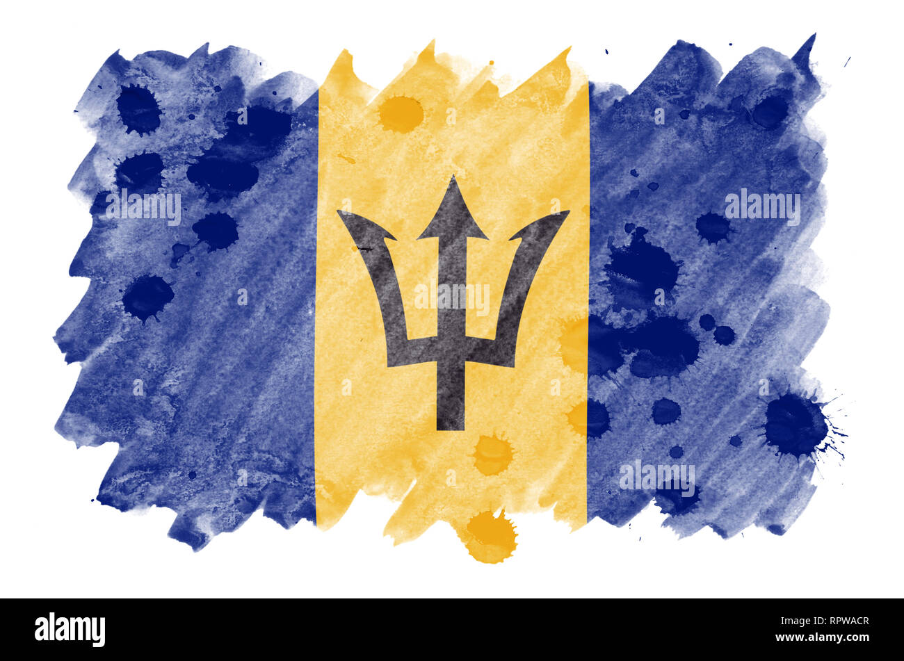 Bandiera di Barbados è raffigurato in un liquido in stile acquerello isolati su sfondo bianco. Incurante della vernice con ombreggiatura immagine della bandiera nazionale. Indipendenza D Foto Stock