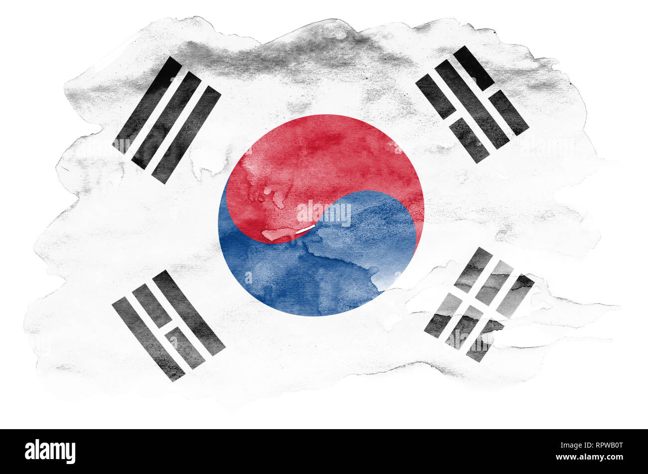 Corea del Sud bandiera è raffigurata in un liquido in stile acquerello isolati su sfondo bianco. Incurante della vernice con ombreggiatura immagine della bandiera nazionale. Independenc Foto Stock