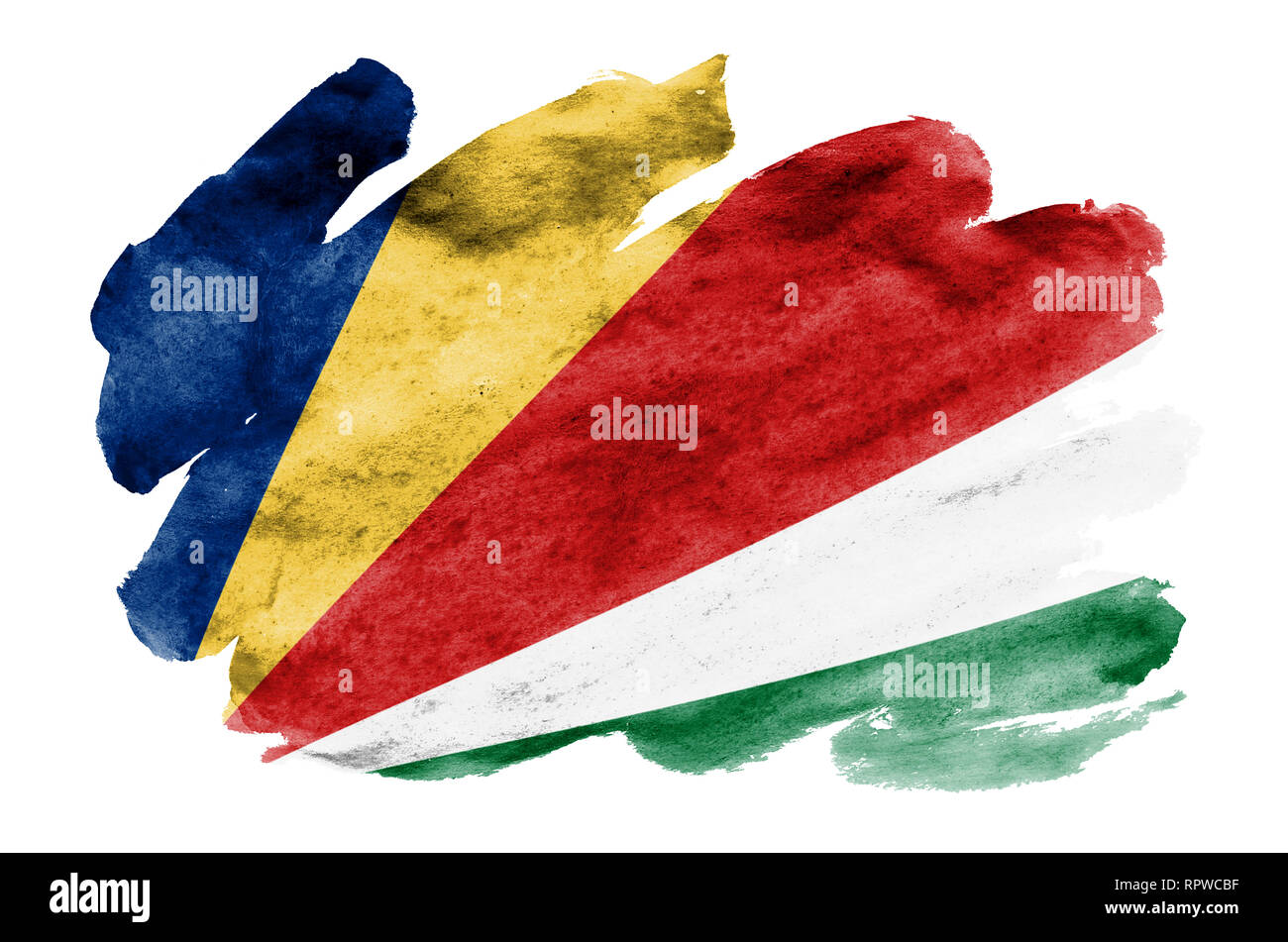 Bandiera delle Seychelles è raffigurato in un liquido in stile acquerello isolati su sfondo bianco. Incurante della vernice con ombreggiatura immagine della bandiera nazionale. Indipendenza Foto Stock