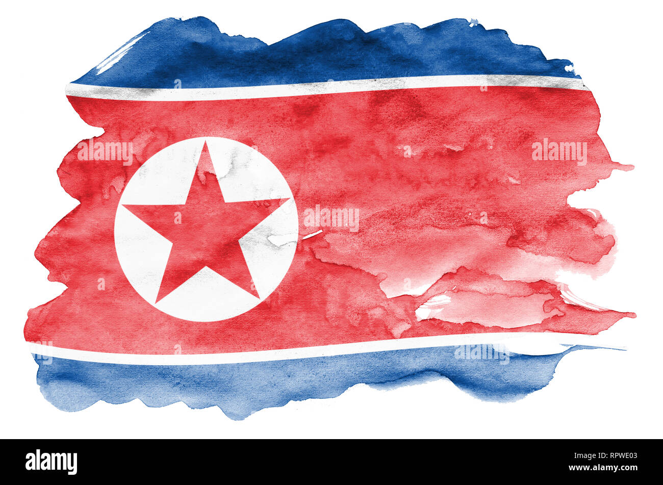 La Corea del Nord bandiera è raffigurata in un liquido in stile acquerello isolati su sfondo bianco. Incurante della vernice con ombreggiatura immagine della bandiera nazionale. Independenc Foto Stock