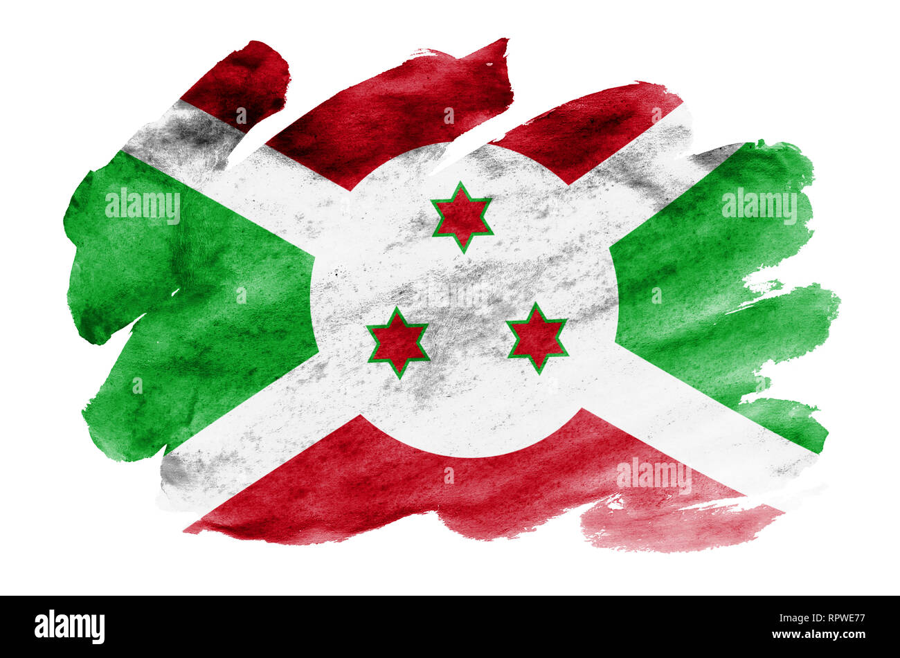 Burundi flag è raffigurato in un liquido in stile acquerello isolati su sfondo bianco. Incurante della vernice con ombreggiatura immagine della bandiera nazionale. Indipendenza da Foto Stock