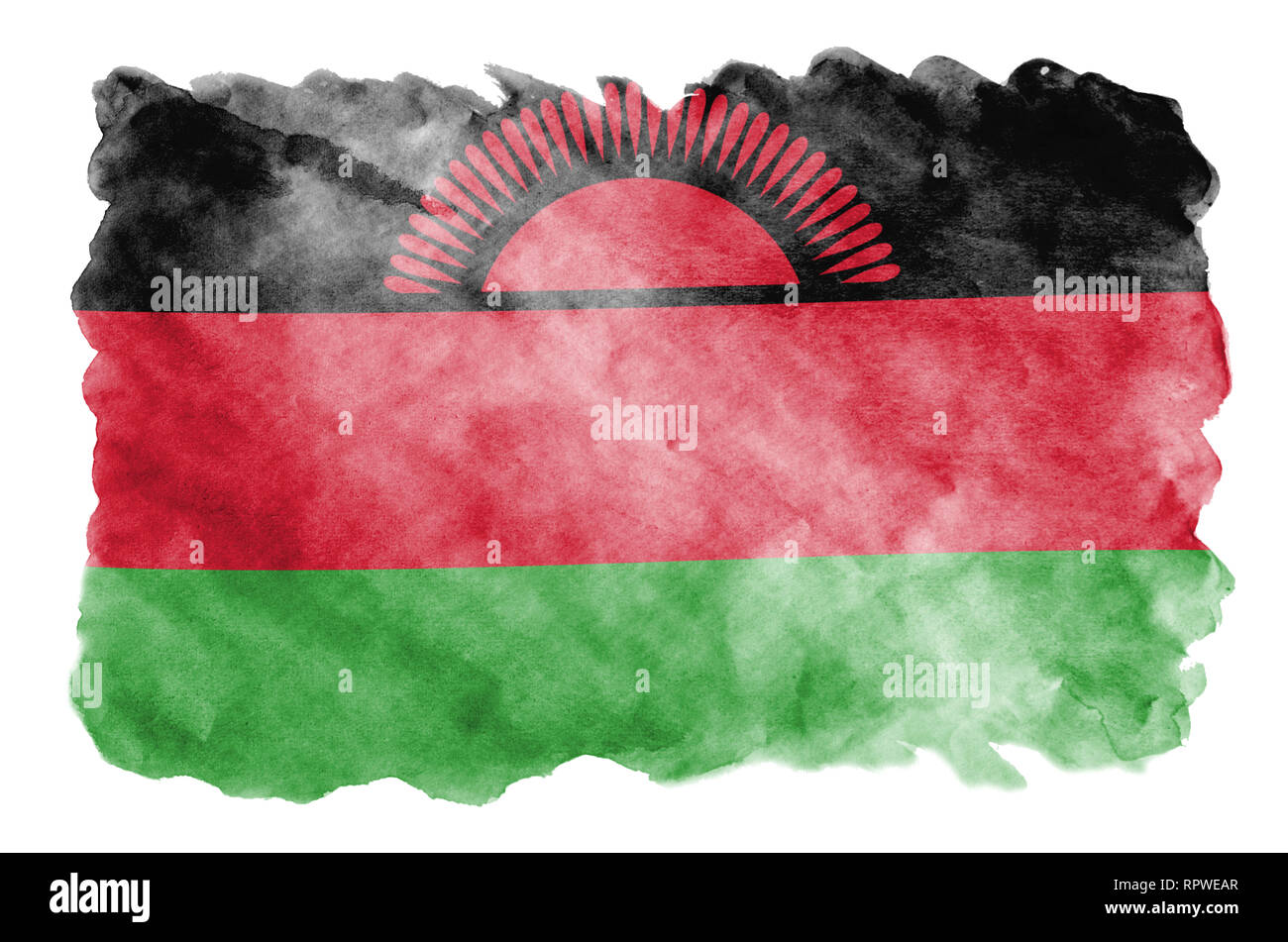 Il Malawi bandiera è raffigurata in un liquido in stile acquerello isolati su sfondo bianco. Incurante della vernice con ombreggiatura immagine della bandiera nazionale. Giorno di indipendenza Foto Stock