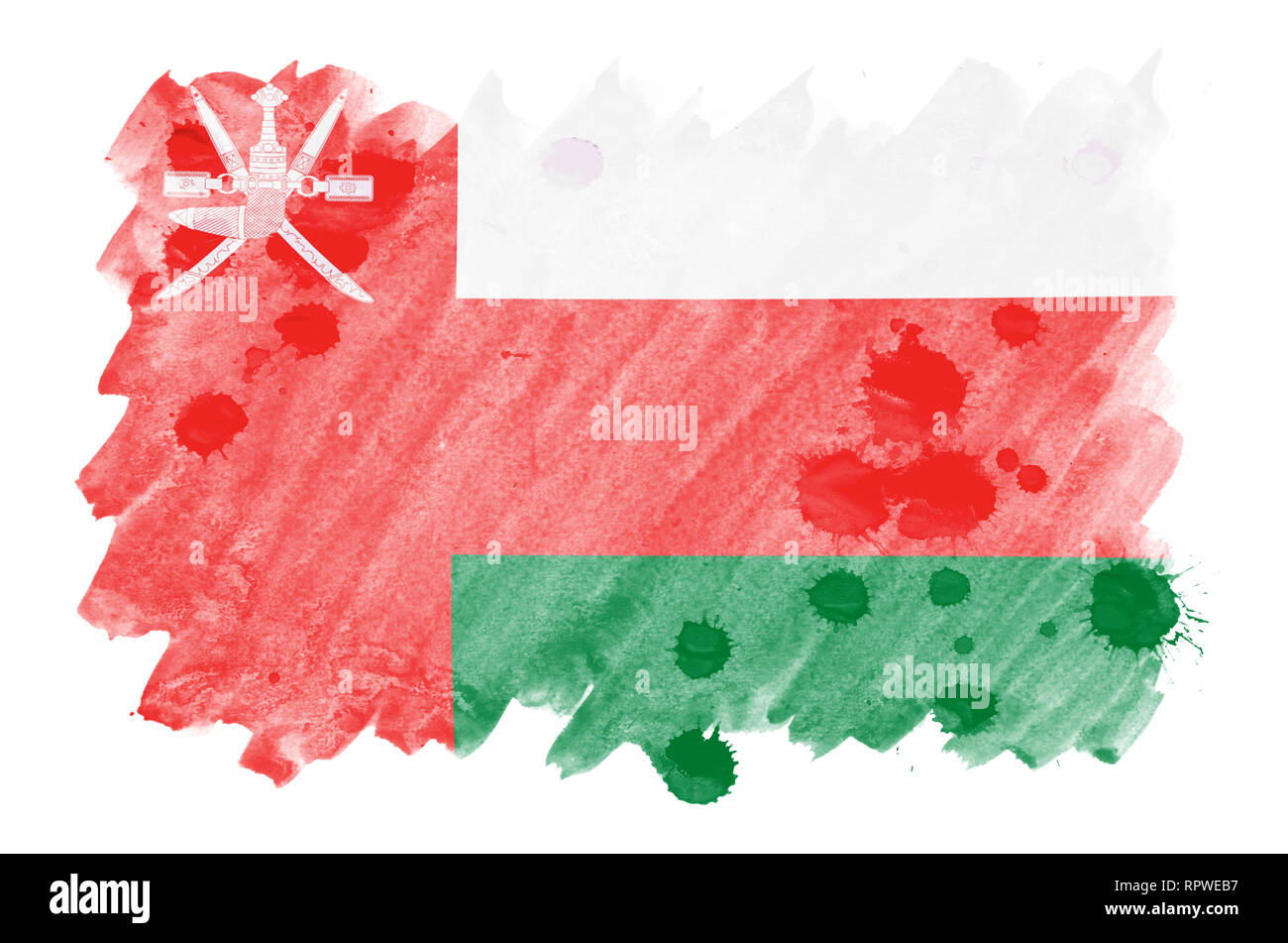 Oman bandiera è raffigurata in un liquido in stile acquerello isolati su sfondo bianco. Incurante della vernice con ombreggiatura immagine della bandiera nazionale. Giorno di indipendenza b Foto Stock