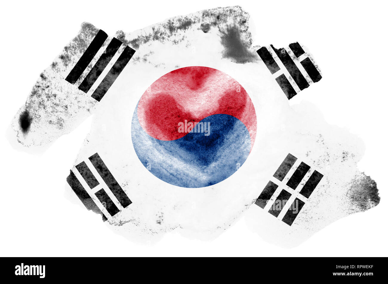 Corea del Sud bandiera è raffigurata in un liquido in stile acquerello isolati su sfondo bianco. Incurante della vernice con ombreggiatura immagine della bandiera nazionale. Independenc Foto Stock