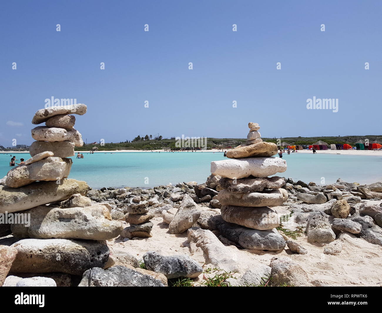 Arte in pietra al baby beach di Aruba Foto Stock