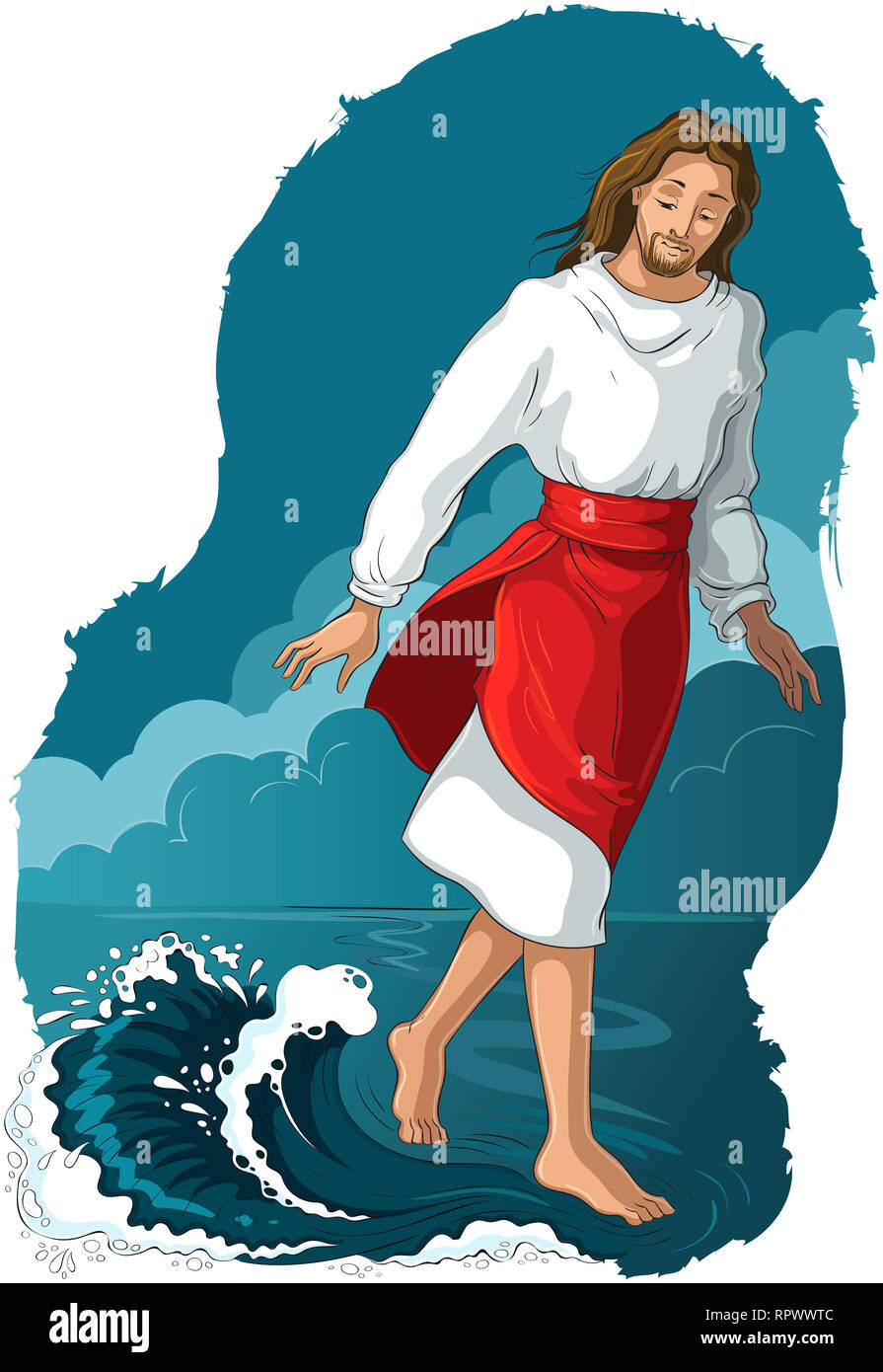 La storia della Bibbia. Gesù camminare sull'acqua. Cartoon cristiana illustrazione colorata di eventi nella vita di Gesù Foto Stock