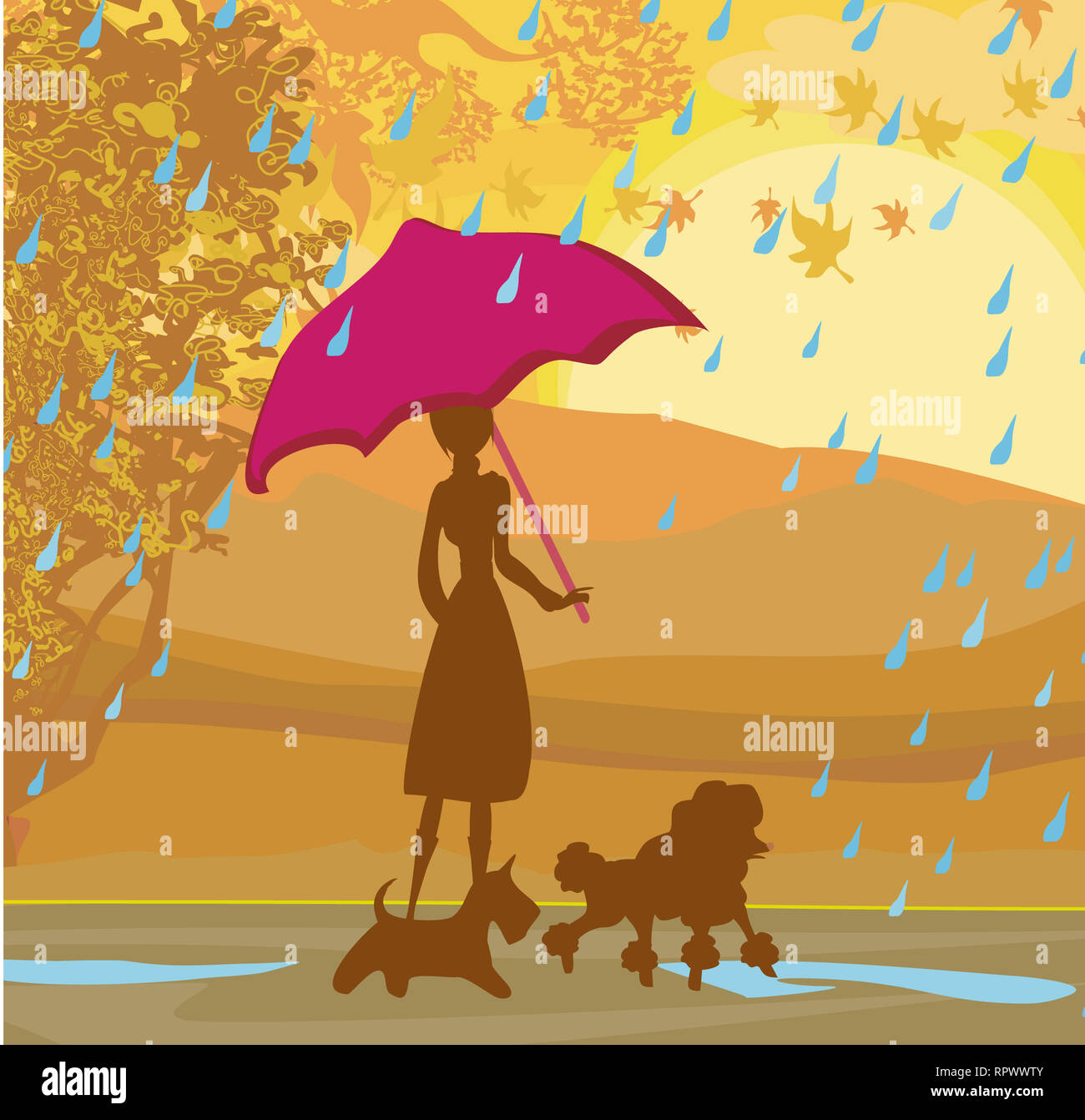 Ragazza camminare con i suoi cani in autunno il paesaggio. Foto Stock