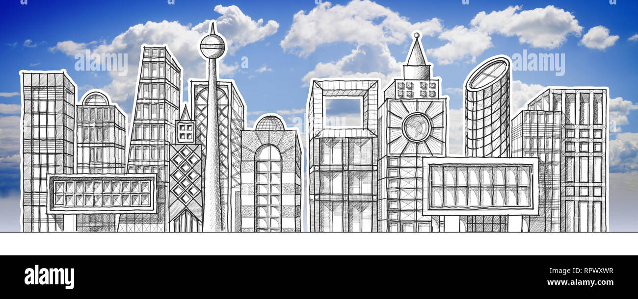 Disegno lo skyline di una città moderna ipotetiche - matita su sfondo bianco Foto Stock