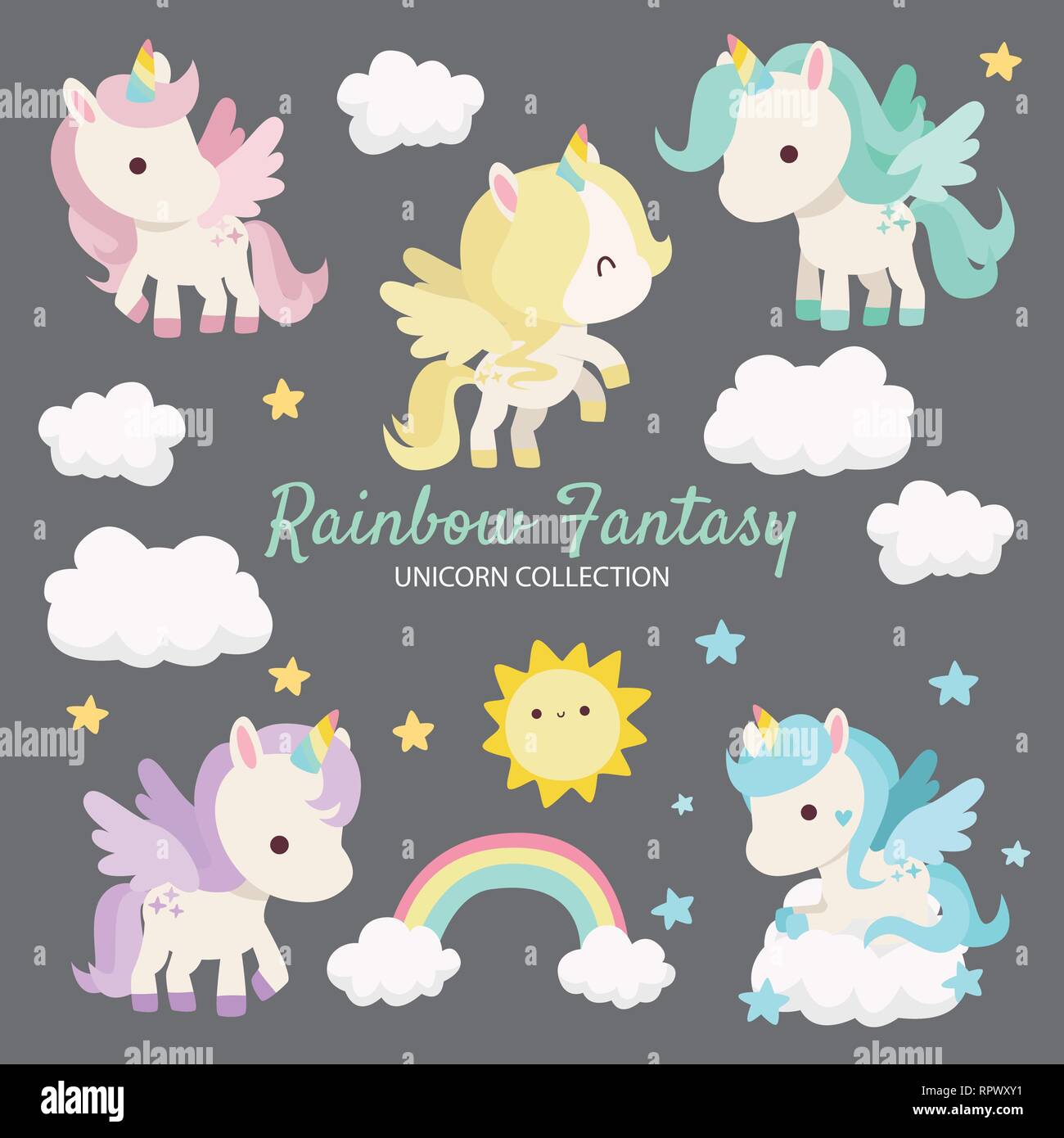 Rainbow Fantasy Unicorn caratteri Illustrazione Vettoriale