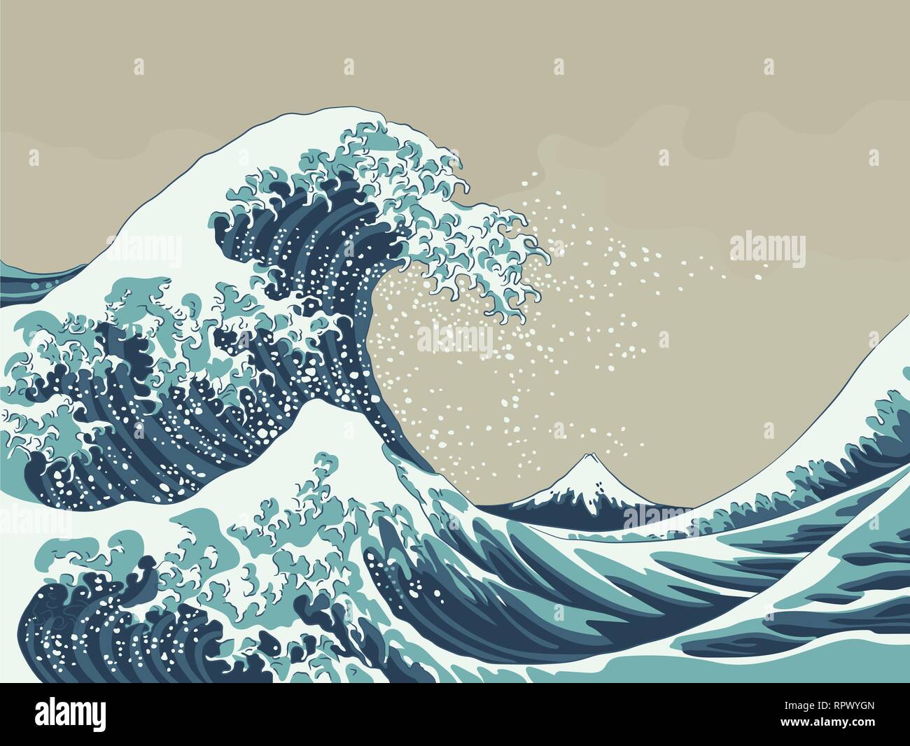 Grande onda con il Monte Fuji dopo la stampa vettoriale di legno del XIX secolo Illustrazione Vettoriale