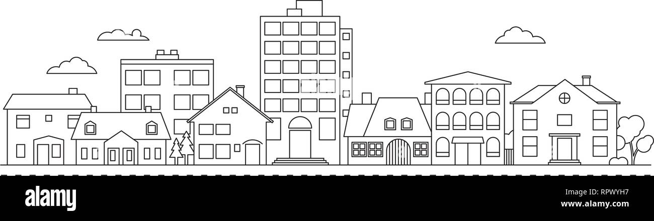 Piccola città quartiere linea vettore d'arte Illustrazione Vettoriale