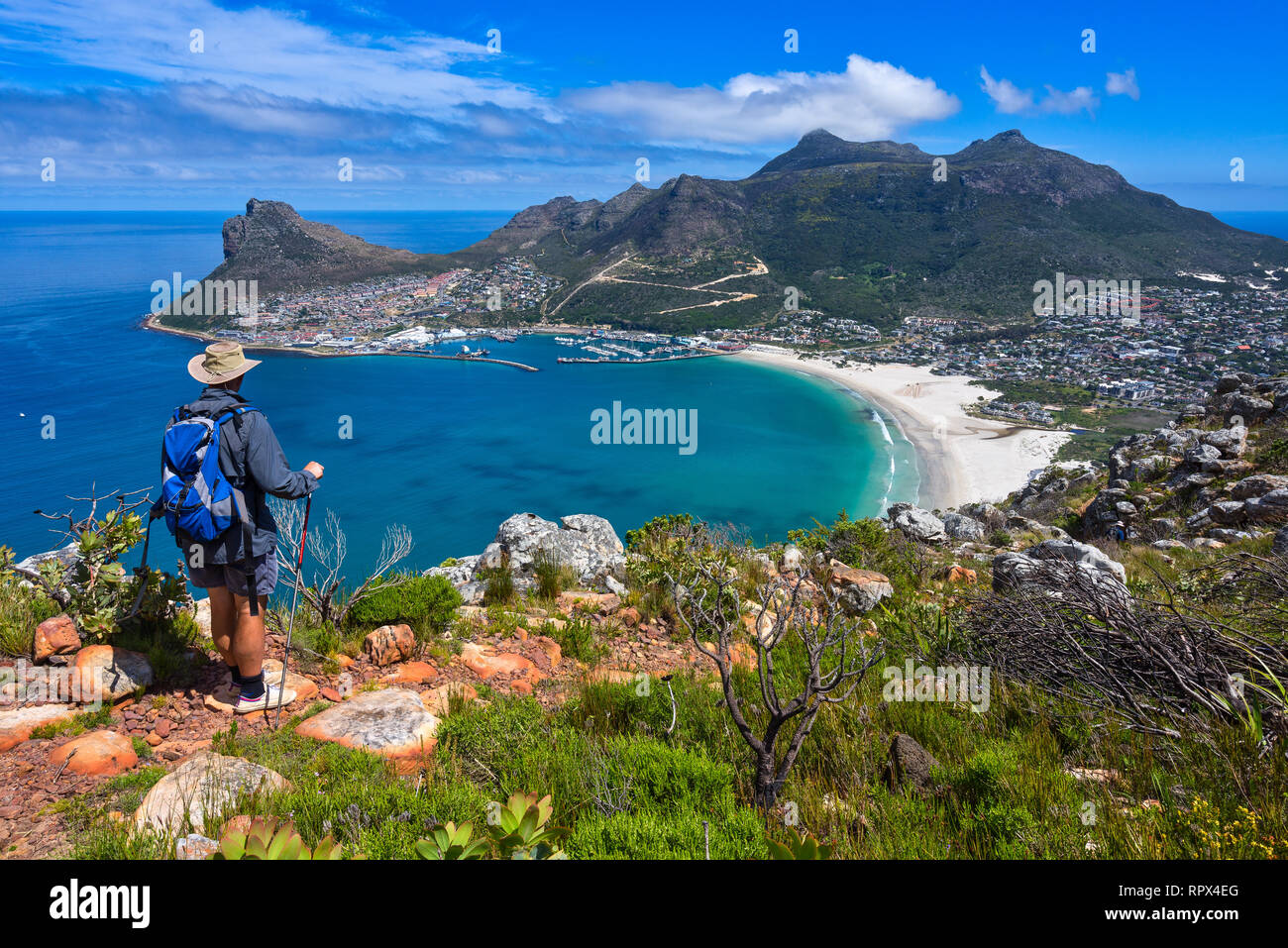 L'uomo escursionismo verso Hout Bay, Città del Capo, Western Cape, Sud Africa Foto Stock
